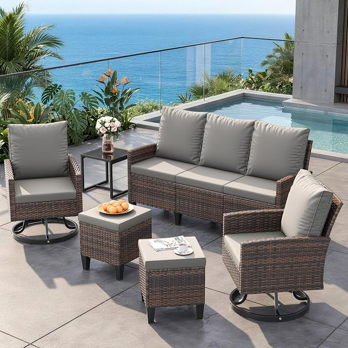 Amopatio Outdoor Patio Furniture Set, 6 Pieces Conversation Sofa with 360° Swivel Chairs, All Weather Wicker Outdoor Furniture for Backyard Garden Pool Deck,Grey