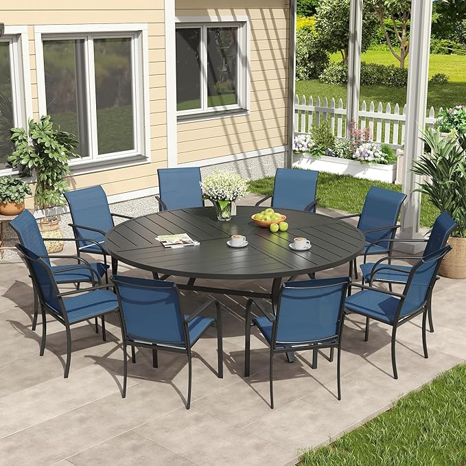 VICLLAX 11 Pieces Patio Outdoor Dining Set, 63" Round Metal Table with Umbrella Hole and 10 Stackable Textilene Chairs for Patio, Lawn, Garden, Porch, Black/Dark Blue