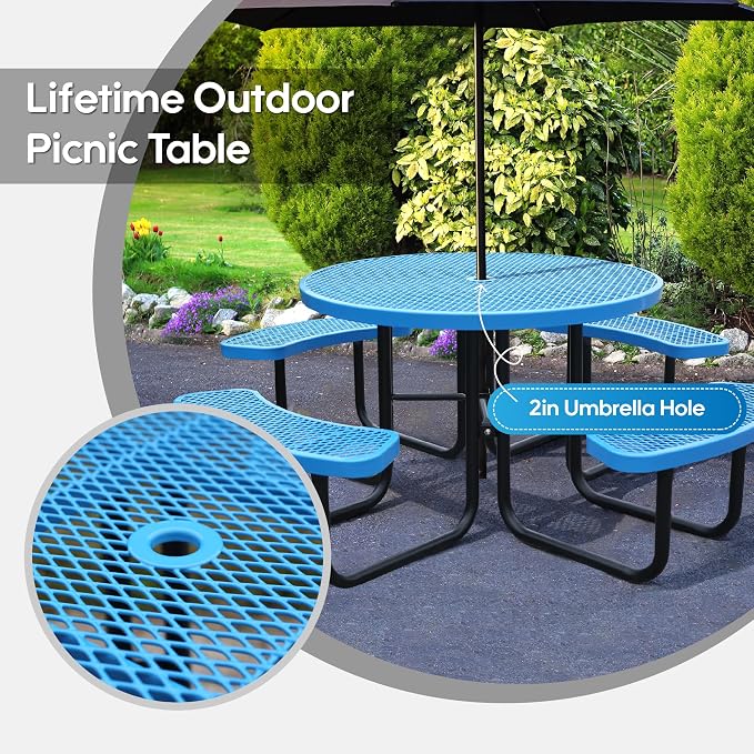 46 Inch Round Outdoor Metal Picnic Table, All-Weather Patio Dining Set for 6-8 Adults, Heavy Duty Steel with Central Umbrella Hole, Perfect for Garden, Backyard, Deck & Small Spaces - Easy Assembly