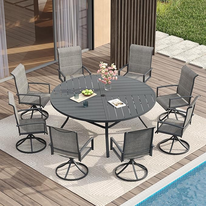 VICLLAX Patio Dining Set for 8, 8 Seats Outdoor Furniture Includes 59.9" Round Patio Table and Swivel Padded Chairs, Grey Tabletop and Grey Fabric