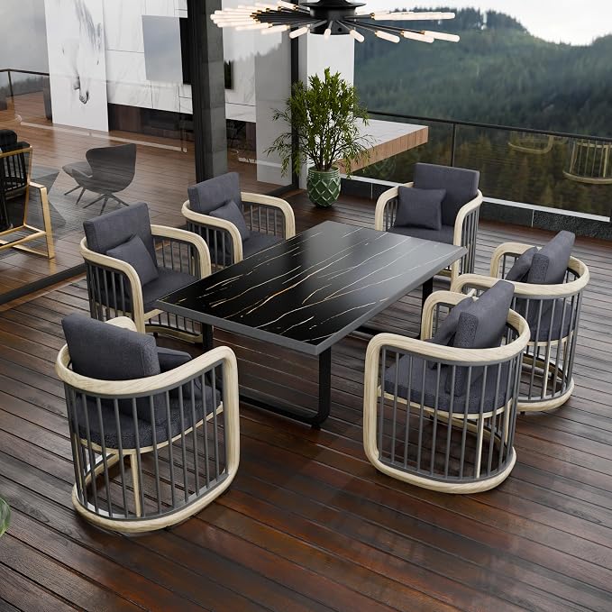 Klyra 7-Piece Outdoor Patio Dining Set Modern Aluminum Rectangular Dining Table and 6 Slatted Chairs with Stain-Resistant Cushions, Weather-Resistant Furniture for Garden, Deck, and Indoor Use, Grey
