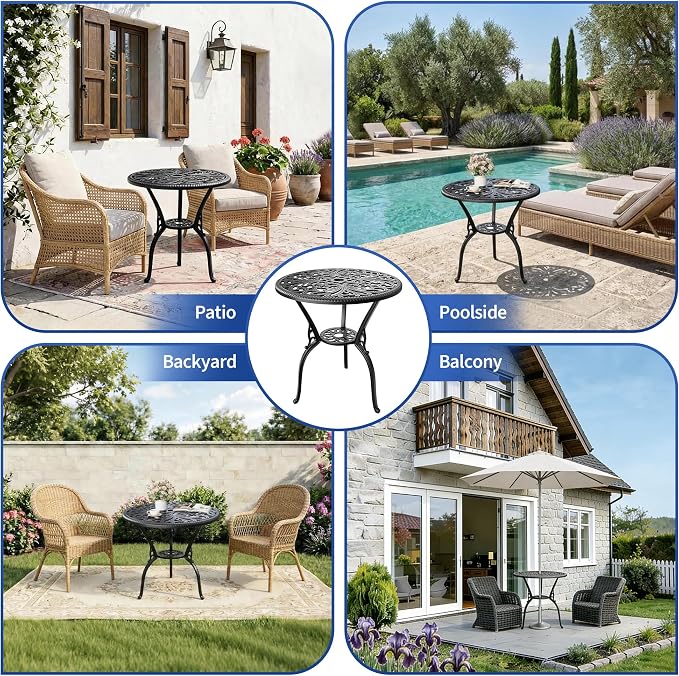 GAOMON 23" Cast Aluminum Patio Bistro Table with Umbrella Hole, Outdoor Round Coffee Bistro Side Table, Anti-Rust Outdoor Furniture for Backyard, Garden, Porch, Pool, Balcony, Black