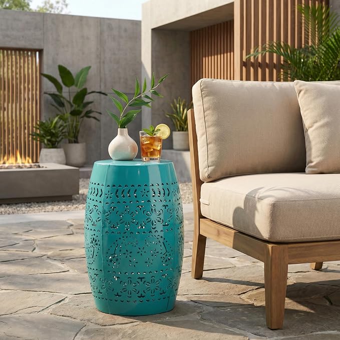 12" Outdoor Side Table, Decorative Cutout Metal Round Side Table, Multi Functional - Coffee Table, Night Stand, Plant Stand for Patio, Garden, Backyard, Gazebo Indoor (Teal)