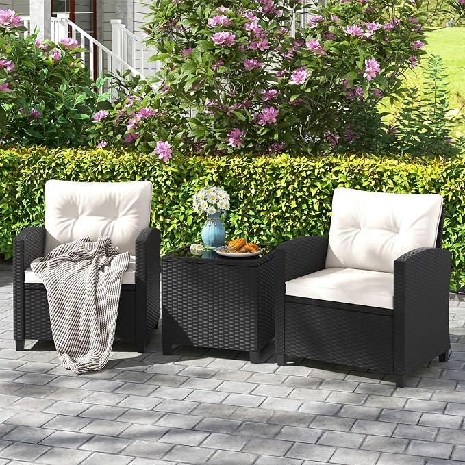 RELAX4LIFE 3-Piece Patio Furniture - Wicker Rattan Bistro Sofa Set w/Glass Top Coffee Table, Washable Cushions for Porch Balcony Backyard Poolside, Outdoor Conversation Set (Off White)