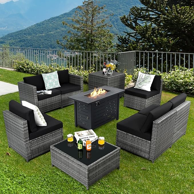 Tangkula 9 Pieces Patio Rattan Furniture Set, Patiojoy Sectional Sofa Set w/Storage Box, Coffee Table, Outdoor Wicker Conversation Set w/ 42” ETL Approved Propane Fire Pit Table (Black)