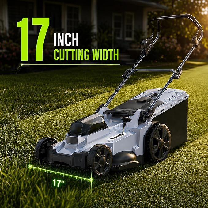 40V Cordless Lawn Mower, 17" Walk Behind Electric 4.0 Ah Battery Powered Lawnmower, with 50L Grass Bag, Brushless Motor, 6 Adjustable Cutting Heights, for Garden/Patio/Yark/Lawn - White