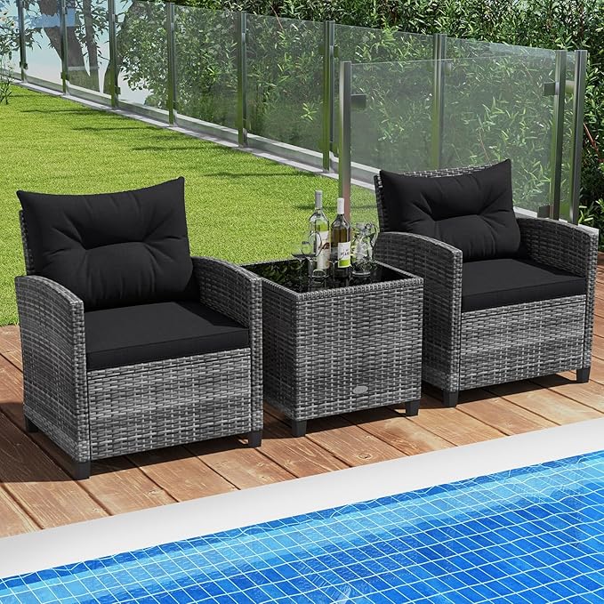 ORALNER Patio Furniture, 3 Pieces Outdoor Wicker Conversation Set Chairs with Soft Cushions and Glass Coffee Table, Rattan Bistro Set for Balcony Garden Deck Front Porch Poolside (Black)