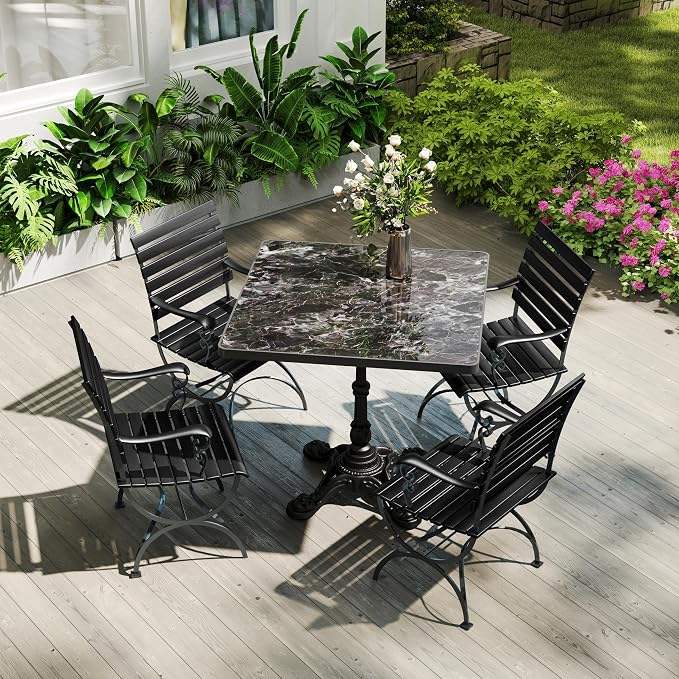 SSLine 31.5" Sintered Stone Dining Table, Marble Top Bistro Table with Heavy-Duty Cast Iron Base, Waterproof Tulip Table for 2-4 Person,Indoor/Outdoor Use for Patio,Cafe,Restaurant (Square-Black)