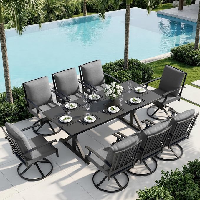 9 Piece Outdoor Dining Set for 8, Metal Patio Table and Chairs with Cushions, Patio Furniture Set with 8 Swivel Chairs, Rectangular Metal Dining Table with Umbrella Hole, Lawn Deck Yard-Grey