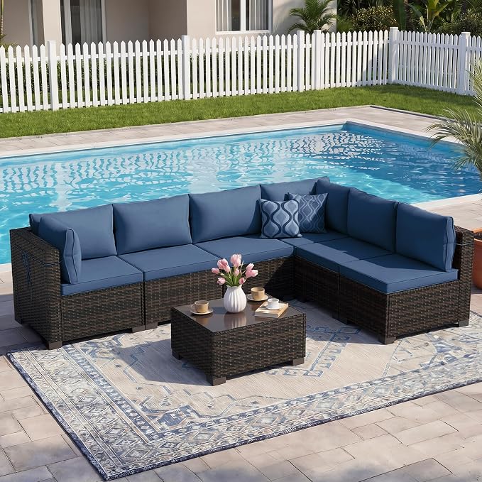 CHABATREE 7-Piece Outdoor Patio Furniture Sets, Manual Weaving Rattan Conversation Sectional Sofa with Tempered Glass Coffee Table, All-Weather PE Wicker & Thick Cushions for Garden, Backyard, Porch