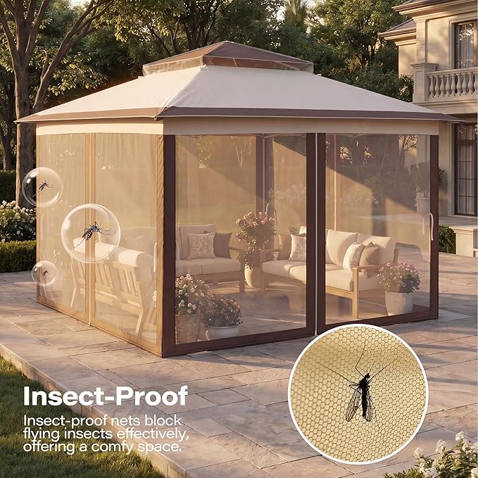 LAUSAINT HOME 11x11 Pop Up Gazebo with 50FT String Lights, Mosquito Netting, Instant One-Push Setup, Adjustable Height Outdoor Canopy Tent Shelter with Carry Bag for Patio, Backyard, Camping, Khaki