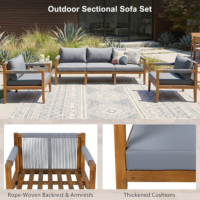 GDFStudio 3 Piece Patio Furniture Set, Acacia Wood Outdoor Sofa Set with Cushions, Rope Woven Conversation Set, 3 Seat Couch & 2 Chairs for Backyard Patio Deck Porch Garden Poolside, Grey