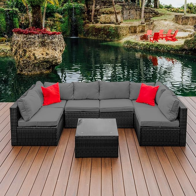 Nestl Outdoor Patio Furniture Sectional, Black Base/Charcoal Grey Cushions