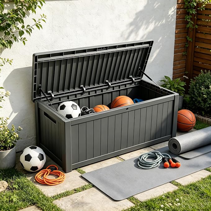 Outdoor Storage Solution with Deck Box Design, Multi-purpose Patio Furniture for Garden Tools, Shoe Storage & Cushions, Strong Storage Bins with Lids Style (darkgray)