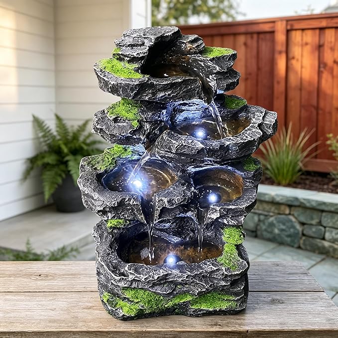 5-Tier Cascading Rock Water Fountain with White LED Lights, Modern Art Design Resin Waterfall Natural Stone Look for Table, Garden, Patio, Backyard, Porch and Home Decor (13.78" H)