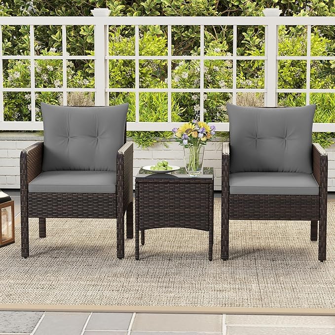 HAPPYGRILL 3 Piece Patio Bistro Set Rattan Wicker Outdoor Conversation Set with Cushions and Coffee Table, Outside Furniture with Rattan Chairs for Porch, Balcony, Deck and Garden (Gray)