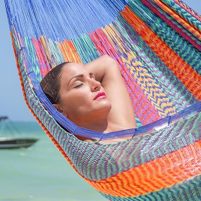 NOVICA Artisan Handmade Cotton Hammock Striped Rope Double Blue Orange Mexico Mayan [Bed Size 78in L x 70in W Total Length 158in L] ' Colors of Mexico' Double