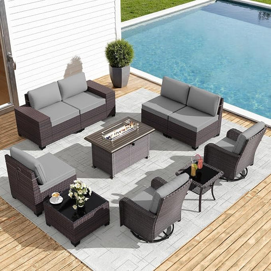 Gotland 10 Pieces Patio Furniture Set with 2 Swivel Rocking Chairs 1 Fire Pit Table, Patio Furniture in 4 Combinations with 1 Coffee Table Wide Armrests 29.5'' High Backrest, for Deck Garden Pool Gray