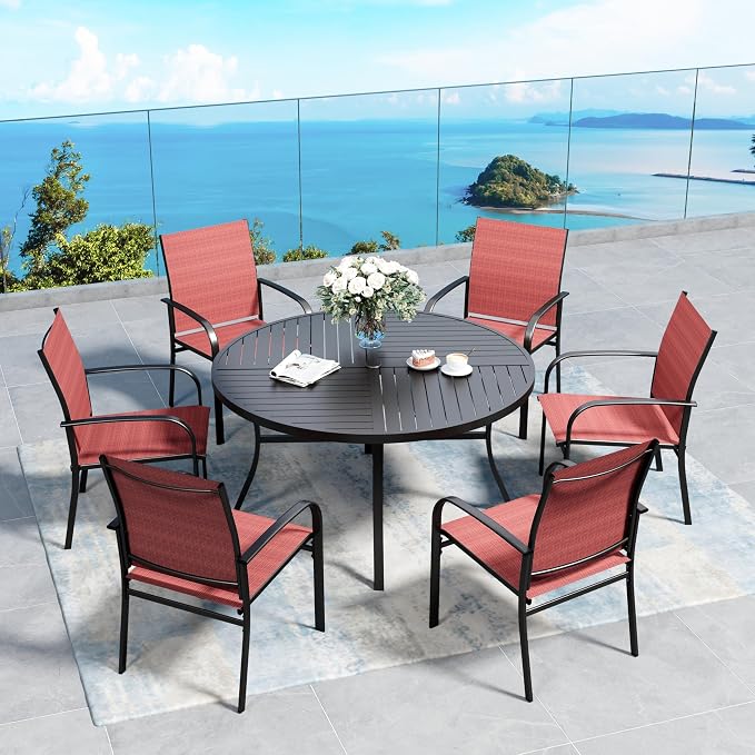 SUNSHINE VALLEY 7 Piece Outdoor Dining Set for 6, 54" Round Metal Table with Umbrella Hole, 6 Red Dining Chairs, Patio Table and Chairs Set for Backyard Lawn