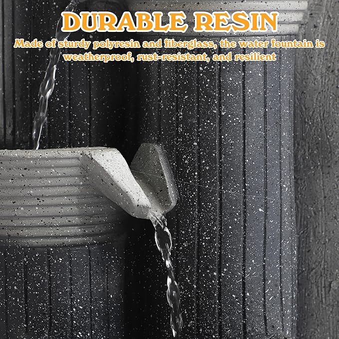 Outdoor/Indoor Water Fountain with LED Lights and Pump, 5-Tiers Cascading Bamboo Joint Design Bowls Garden Fountains Waterfall, Freestanding Resin Fountain for Patio, Garden, Porch (Gray)