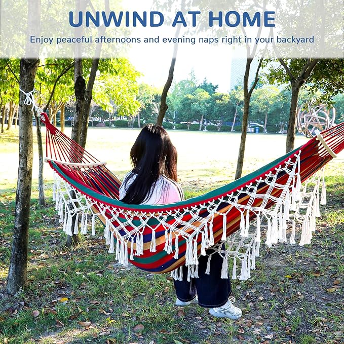 Double Hammock with Tree Straps 108x59in Heavy Duty 770 lbs Camping Hammock with Tassels Portable Colorful Canvas Hammocks with Carry Bag for Backyard Outdoor Beach Patio