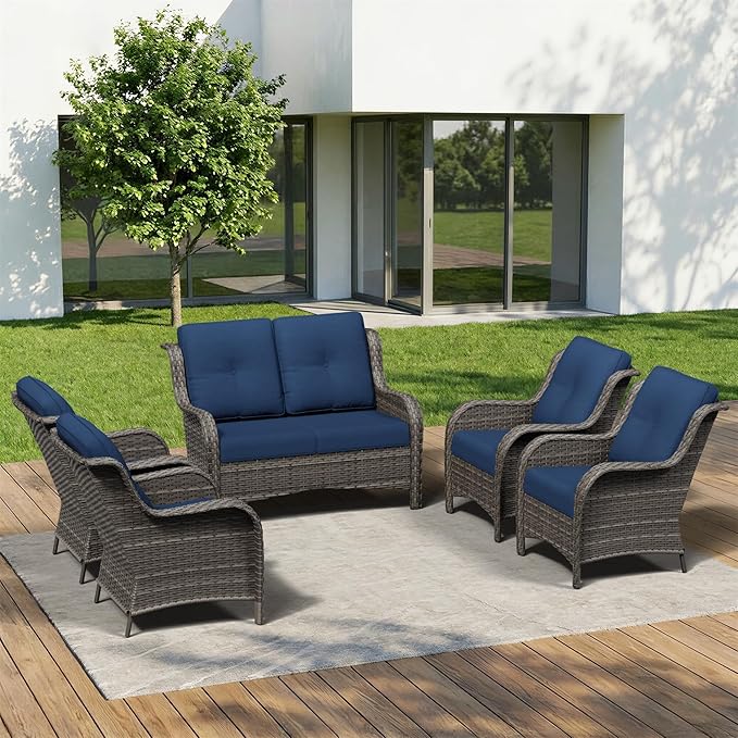 5 Piece Outdoor Wicker Patio Furniture Set, Patio Chairs Set with Thickened Olefin Cushions, High Back and Deep Seating, Hand-Woven PE Rattan for Porch, Deck