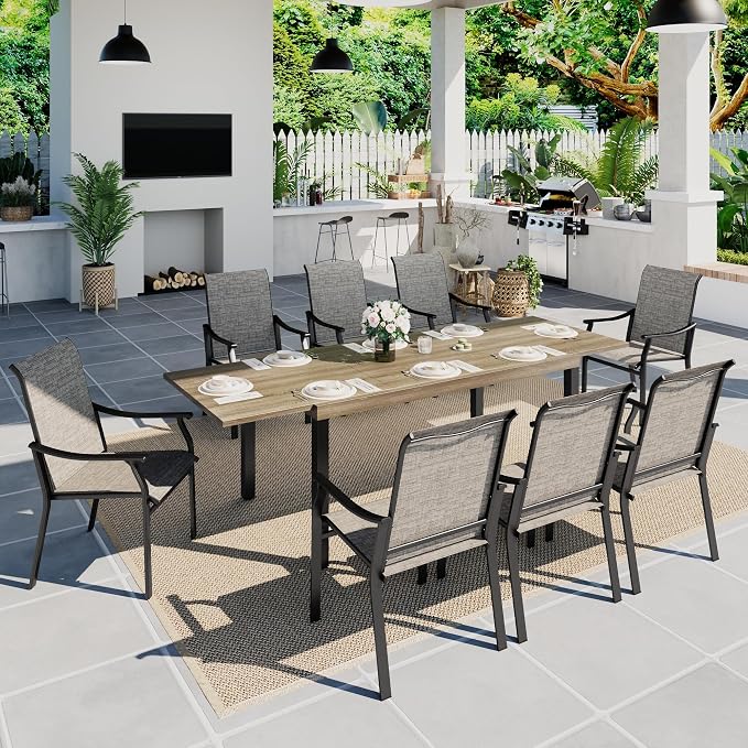 Sophia & William Patio Dining Set for 8, Quick Dry Textilene Chairs and Expandable Wood-Like Table for 6-8, Durable All-Weather Patio Furniture for Lawn, Park, and Courtyard Support 350lbs