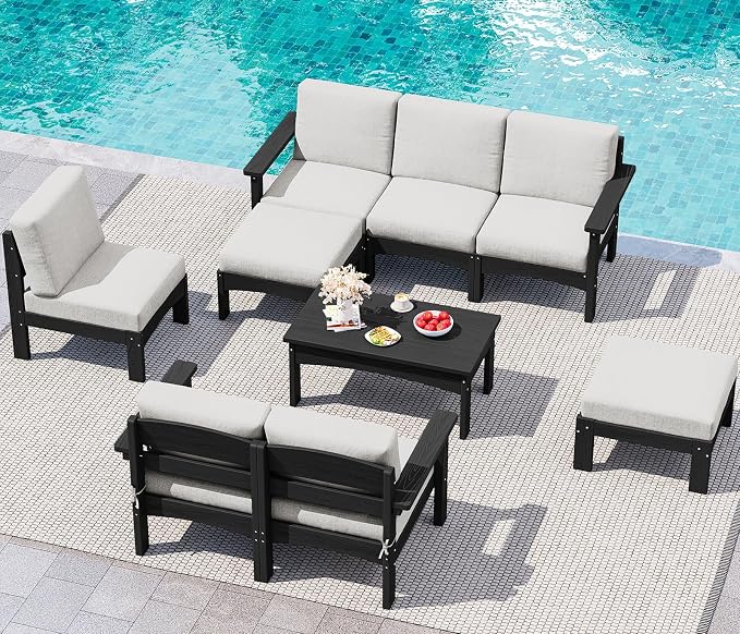 SERWALL 9 Pieces Patio Furniture Set, HDPE Outdoor Sectional Sofas, Outdoor Couch Set with Cushions and Coffee Table, Extra-Large Modular Conversation Set for Garden, Black Frame with Khaki Cushion