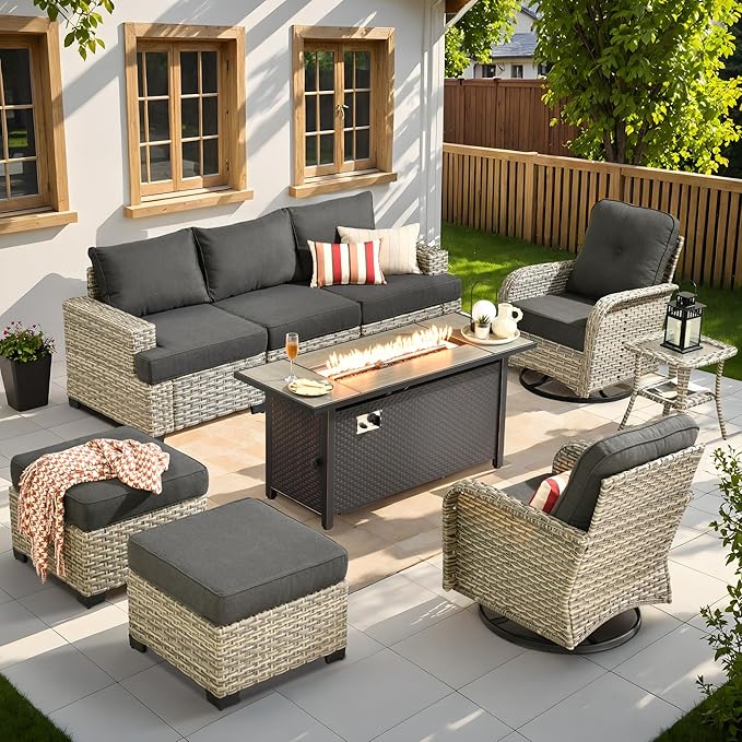 9 Pcs Outdoor Sectional Patio Furniture Set with Fire Pit Table and Swivel Rocking Chairs - All Weather Wicker Modular Outside Sectional Sofa Couch,Patio Seating Outdoor Conversation Sets,Black