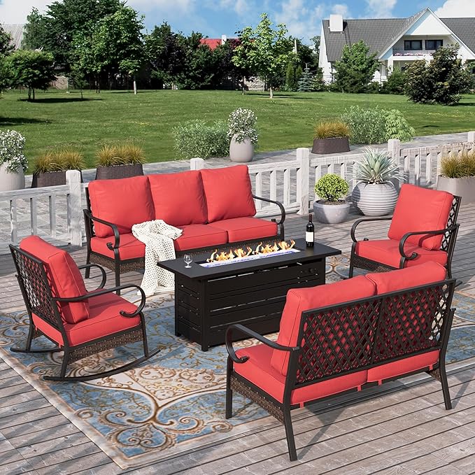 HERA'S HOUSE 5 Piece Metal Patio Furniture Set with 56" Fire Pit Table, All Weather Outdoor Conversation Set, 3 Seat Sofa with Loveseat, 2 Rocking Chairs, Seats 7 for Backyard, Garden, Deck, Red