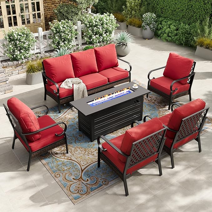 HERA'S HOUSE 6 Piece Metal Patio Furniture Set with 56" Fire Pit Table, All Weather Outdoor Conversation Set, 3 Seat Sofa, 4 Fixed Chairs with Cushions, Seats 7 for Backyard, Garden, Deck,Red