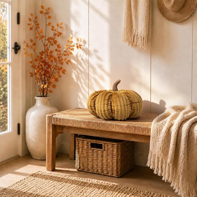 AELS Pumpkin Throw Pillow, 14" Burnt Orange Textured Fall Decorative Pillow | for Couch Sofa Bed Living Room Home Decor, Farmhouse 3D Fall Halloween Thanksgiving Decorative Accent Pillows