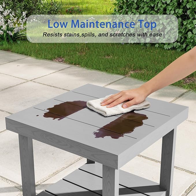 2-Tier HDPE Outdoor Square Side Table, Heavy-Duty Patio Side Table with Storage Shelf, Weather-Resistant Adirondack End Tables for Backyard, Pool, Porch, Garden, Lawn, Silver Grey