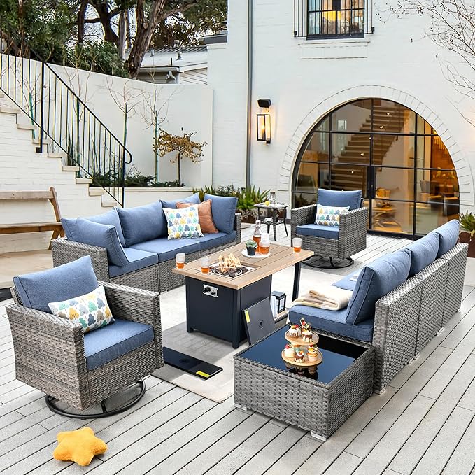 11 Piece Outdoor Patio Furniture Set with 46" Fire Pit Table, Wicker Sectional Conversation Set Whit Swivel Chairs,Modern Outside Sofa for Balcony Backyard(Blue)
