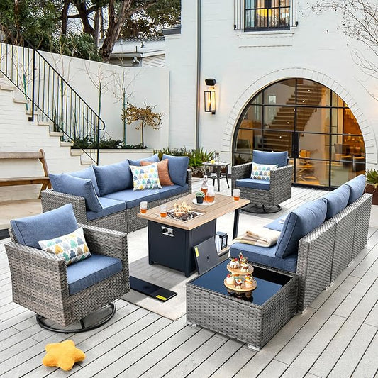 11 Piece Outdoor Patio Furniture Set with 46" Fire Pit Table, Wicker Sectional Conversation Set Whit Swivel Chairs,Modern Outside Sofa for Balcony Backyard(Blue)