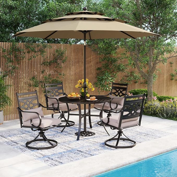 MFSTUDIO Patio Dining Set, 42" Round Metal Table, Swivel Chairs, Beige | Umbrella Included, Umbrella Base Not Included, All-Weather Use