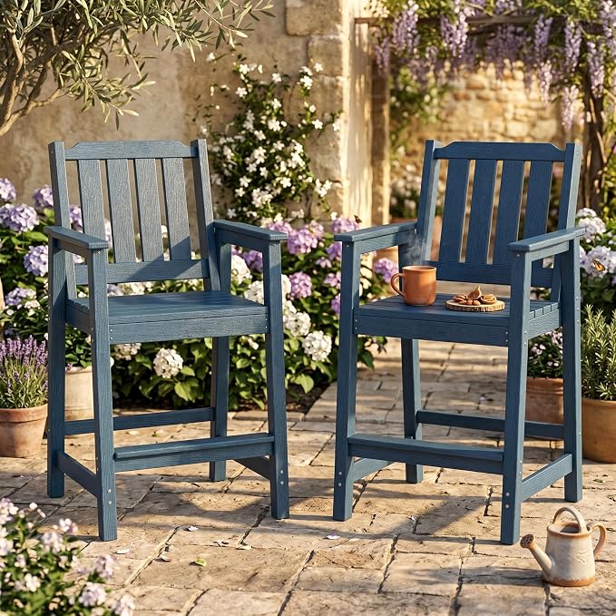 Takywep Set of 2 HDPE Wood Grain Outdoor Bar Stools, 27.7" High Counter Height Chairs with Armrests and Back, Weatherproof Pub Seating for Patio, Balcony, Garden, Deck, Backyard, Navy Blue