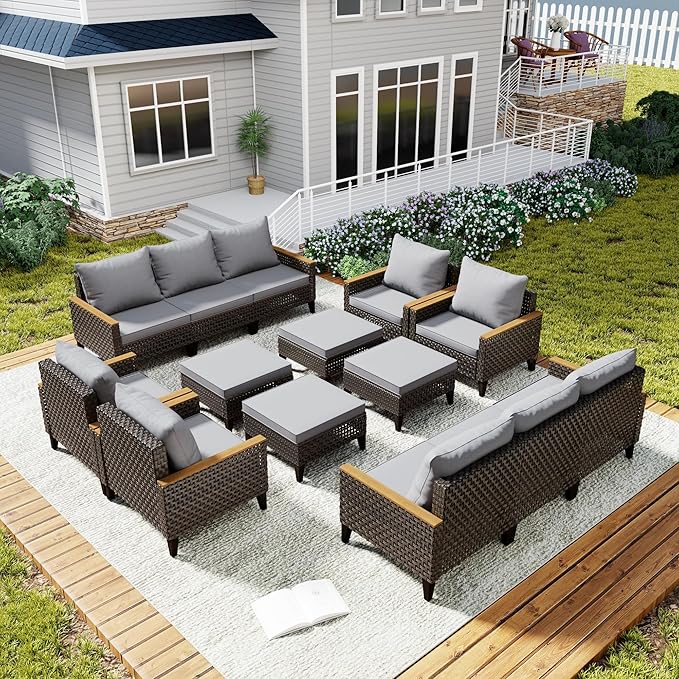 14 Piece Patio Sectional Sofa Furniture Set, All-Weather Wicker Rattan Outdoor Conversation Set with High Back and Thick Cushions, for Garden, Porch, Poolside, Gray