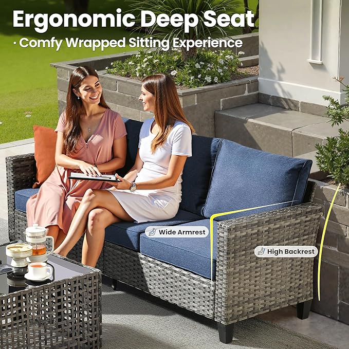ovios 10 Pieces Patio Furniture Set with Swivel Chairs Rocking Gliders, 54" Fire Pit Table, Outdoor Sofa Couch with Solar Lights Table, Modern Deep Seat Wicker Rattan Conversation Set, Denim Blue