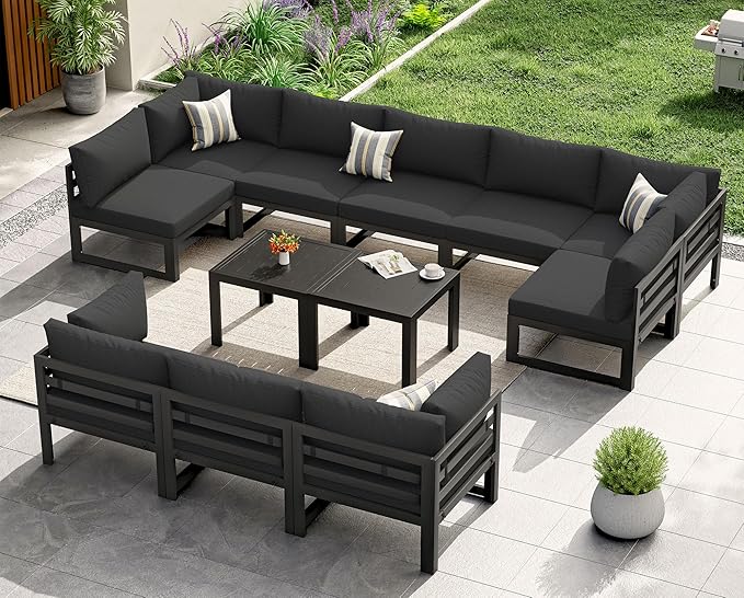 NICESOUL 12 Piece Extra Large Contemporary Aluminum Outdoor Furniture Set with End Table 29" Deep Wide Couch Set, 500 lbs High Weight Capacity Modular Patio Sectional Sofa for Poolside Deck, Black