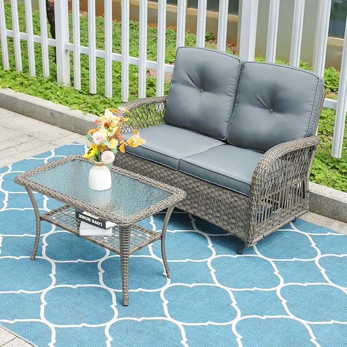 2 Piece Outdoor Wicker Gliding Loveseat Set, Patio Conversation Furniture Sets with 2-Seater Glider Rocking Bench, Glass-Top Coffee Table and Cushions for Porch Garden Poolside, Gray