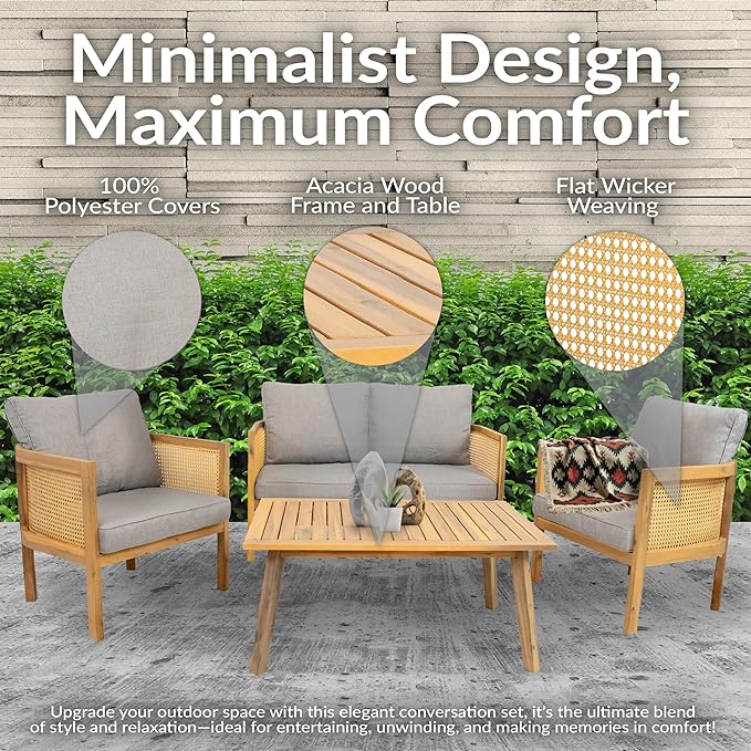 Sunnydaze Acacia 4-Piece Patio Furniture Set - Sanibel Patio Conversation Set - Outdoor Seating Lounge Furniture - Gray