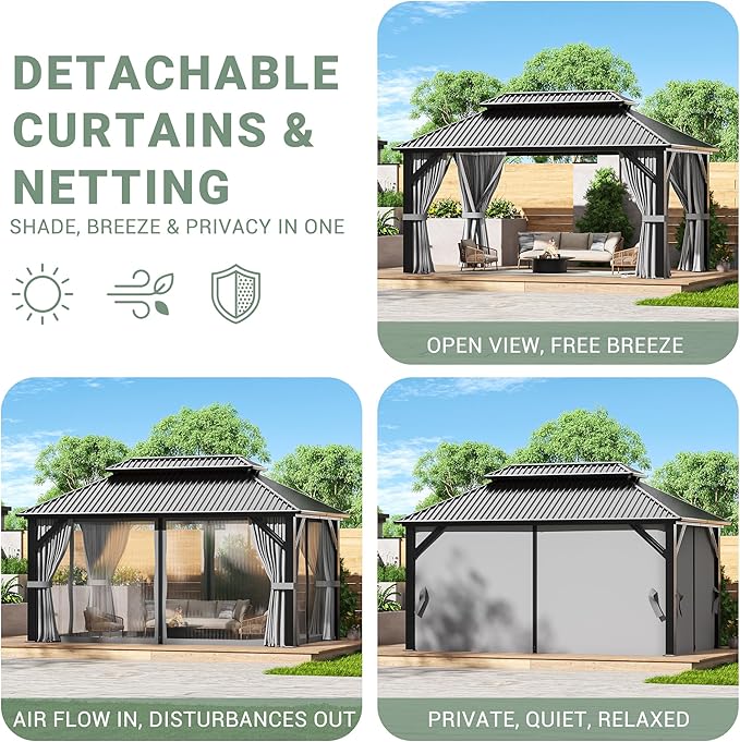 AirWire 10'x14' Gazebo Hardtop Gazebo, Aluminum Frame Pergola with Double Galvanized Steel Roof, Permanent Outdoor Metal Canopy with Curtain & Netting for Patio, Backyard, Deck, Dark Grey