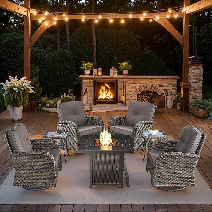 7 Piece Patio Furniture Set with Fire Pit Table - Wicker Patio Conversation Set with 4 Swivel Glider Chairs and 2 Tempered Glass Side Tables for Deck Backyard - Brown Wicker Grey Cushion