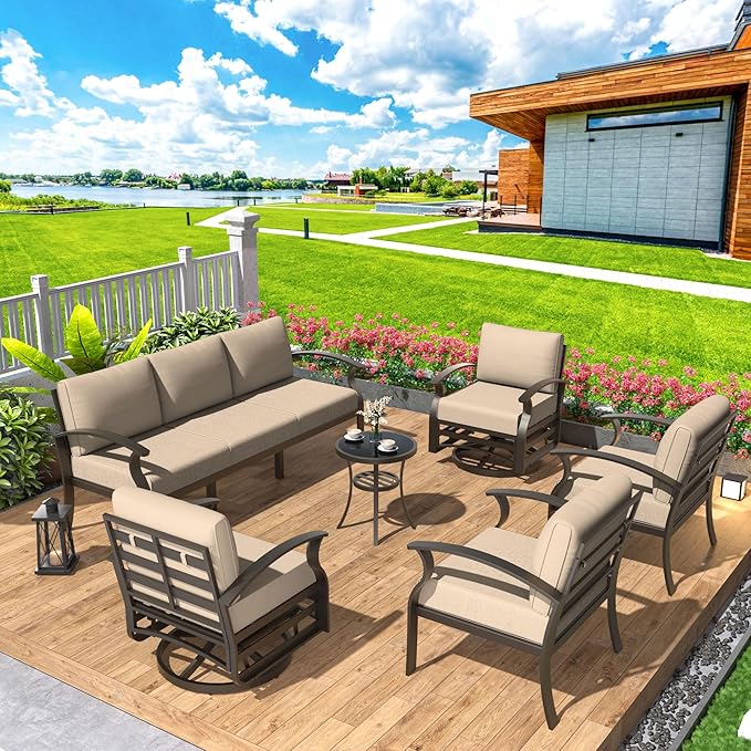 Aluminum Patio Furniture Set Patio Conversation Set,7 Seats Metal Modern Outdoor Furniture w/5.1" Cushions,Patio Sectional w/Swivel Chairs for Patio,Backyard,Sand