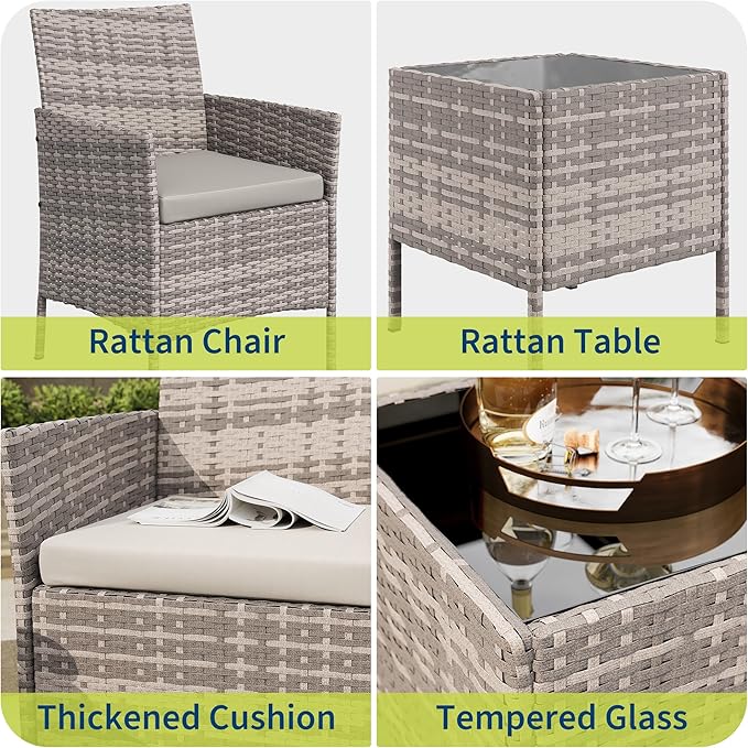 3-Piece Outdoor Furniture Set, PE Rattan Wicker Chairs with Soft Cushions & Tempered Glass Coffee Table - All-Weather Patio Set for Garden, Backyard, Porch, Poolside (Gray/Light Gray)
