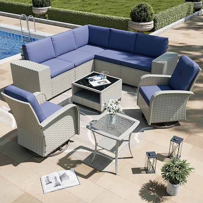 9-Piece Outdoor Patio Furniture Set, Modular Sectional Sofa Set with Swivel Rocker Chairs, Wicker Outdoor Couch Conversation Sets w/Coffee Table and Cushions, Blue