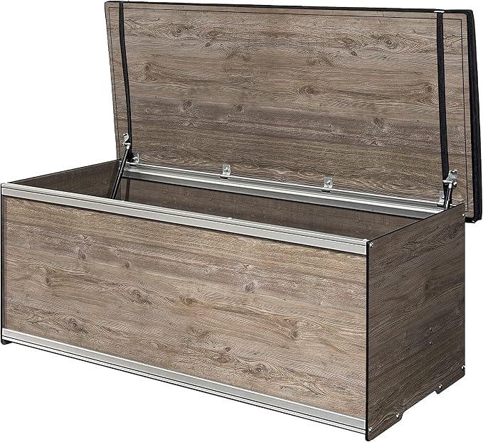 Foreman Waterproof Deck Box - made from Compact Laminate and Anodized Aluminum. Includes a Dark Grey, UV resistant seat Cushion with a washable cover and a Nylon deck box cover, 120 Gallon, Amaretto