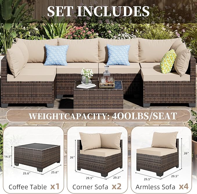 7 Pieces Patio Furniture Set - Outdoor Sectional Wicker Rattan Furniture with Cushion and Glass Table Patio Conversation Sets for Porch Poolside Backyard Outdoor Sofa Set Modular Sofa
