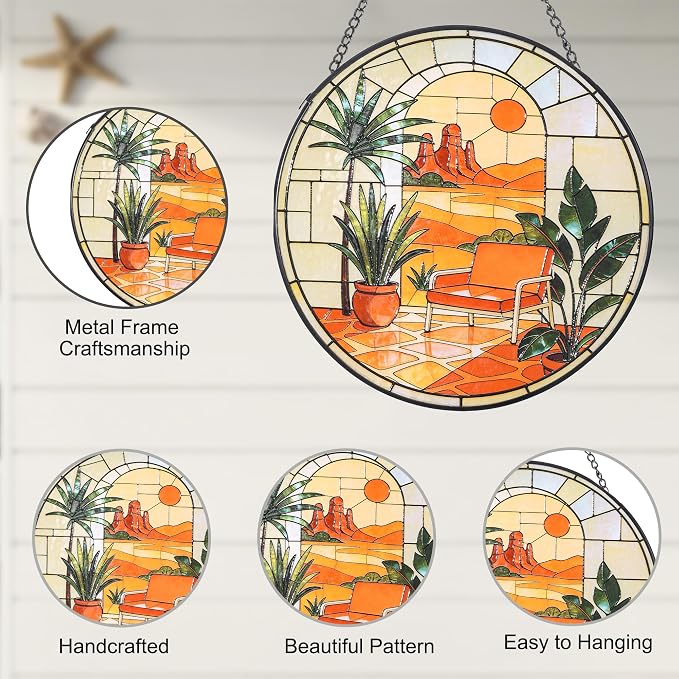 Stained Glass Window Hanging,20cm/7.87inch Desert Sunset Suncatcher with Chain Garden Diamond Glass Panel Hangings Decoration for Windows Home Decor Gifts for Family Friends Colleagues